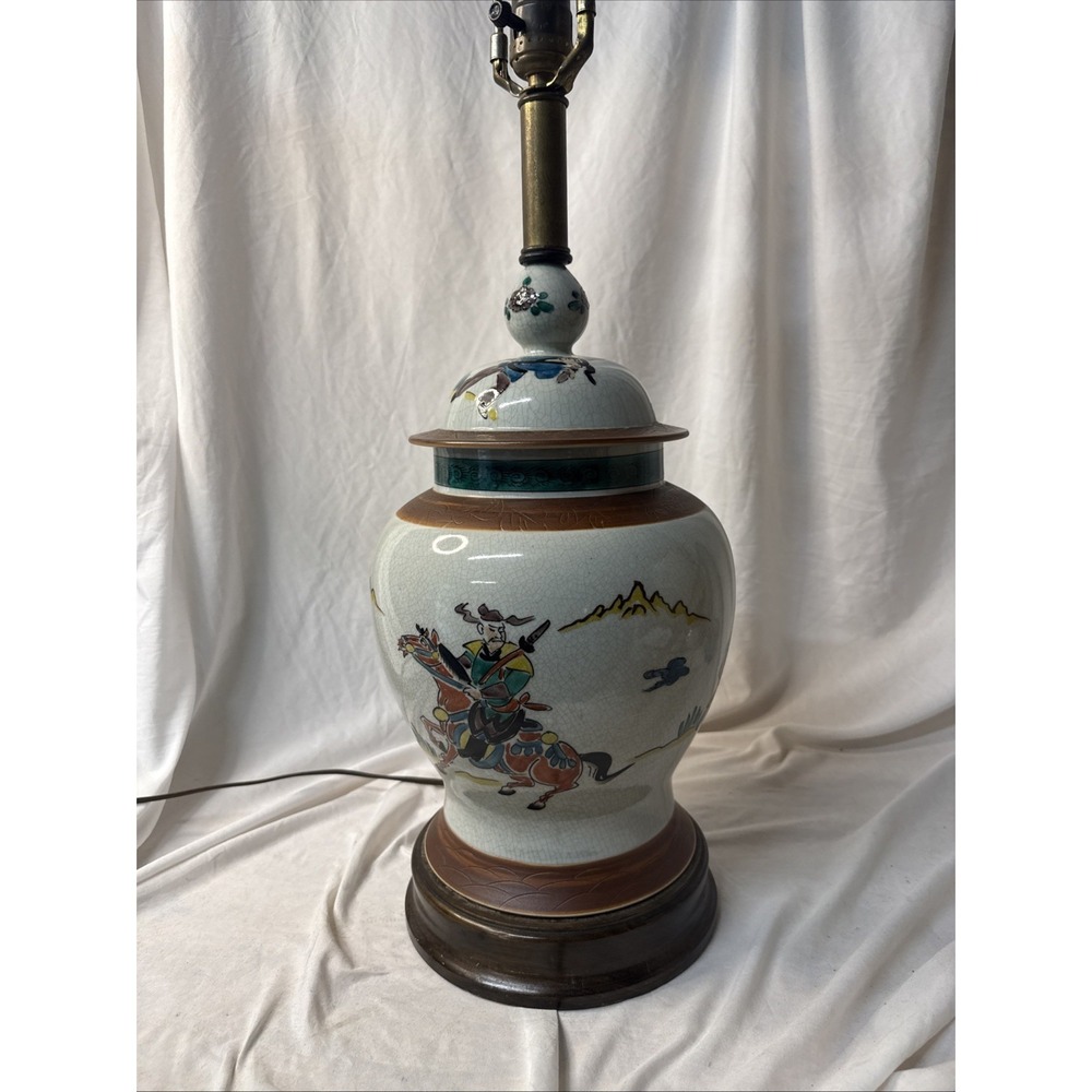 Vintage Japanese Kutani Style Crackle Glaze Samurai Horseman Ginger Jar Lamp